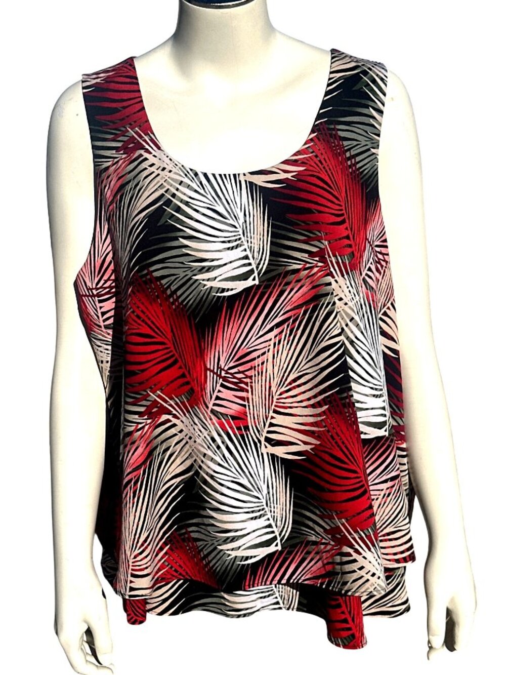 Red Black White Large Double Layer Tropical Palm Leaf Sleeveless Blouse Florida